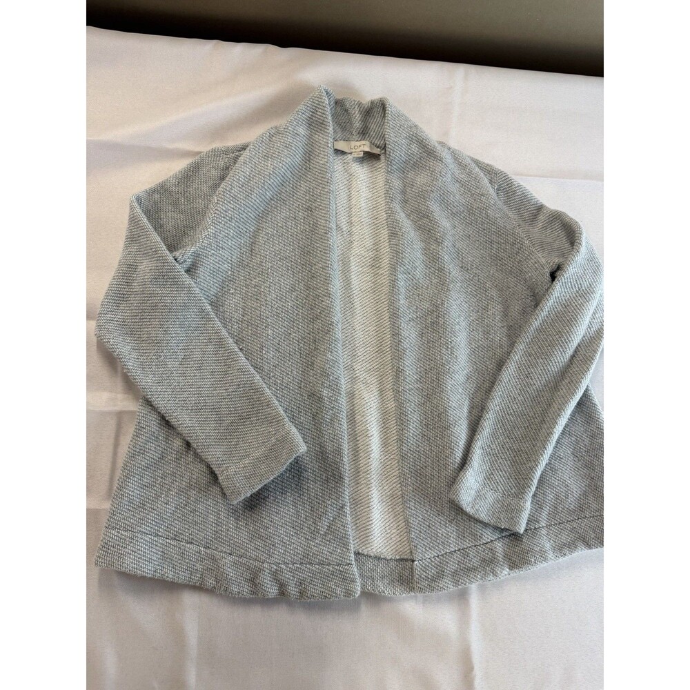 LOFT Heather Gray Open Front Cardigan Sweater Shawl Collar Textured Knit Cozy XS